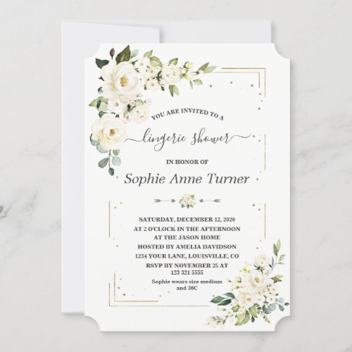 White Cream Flowers Gold Glitter Lingerie Shower Invitation