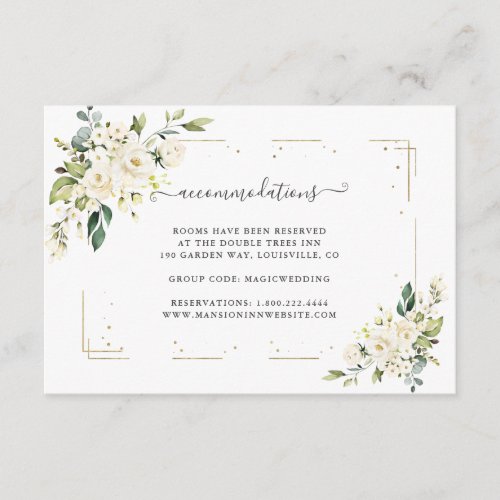 White Cream Flowers Gold Wedding Accommodations Enclosure Card