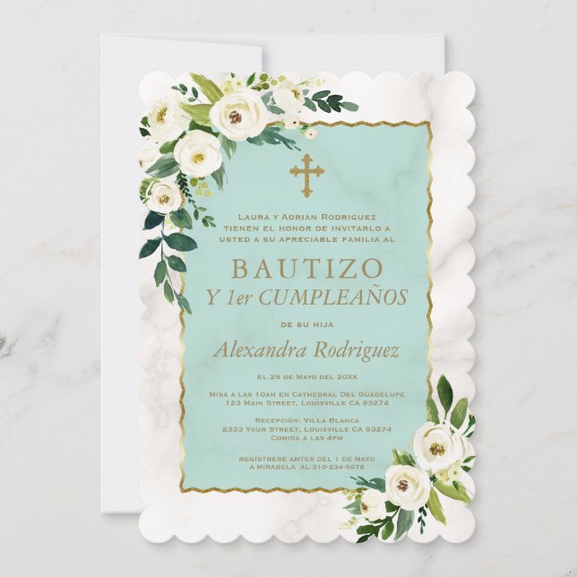 White Cream Flowers Spanish 1st Birthday Baptism Invitation (Front)