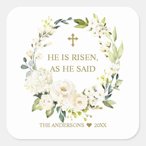 White Cream Flowers Wreath He Is Risen Gold Easter Square Sticker