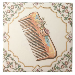 White Cream & Gold Hair Comb Funny Salon Bathroom Ceramic Tile