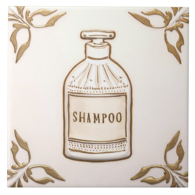 White Cream & Gold Shampoo Bottle Funny Bathroom Ceramic Tile (Front)