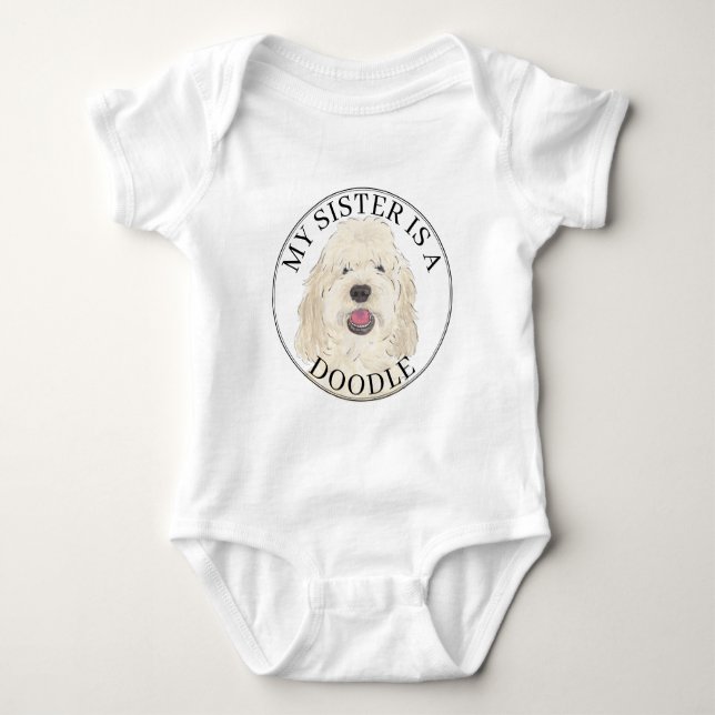 White Cream Golden Doodle Dog Big Sister Baby Bodysuit (Front)