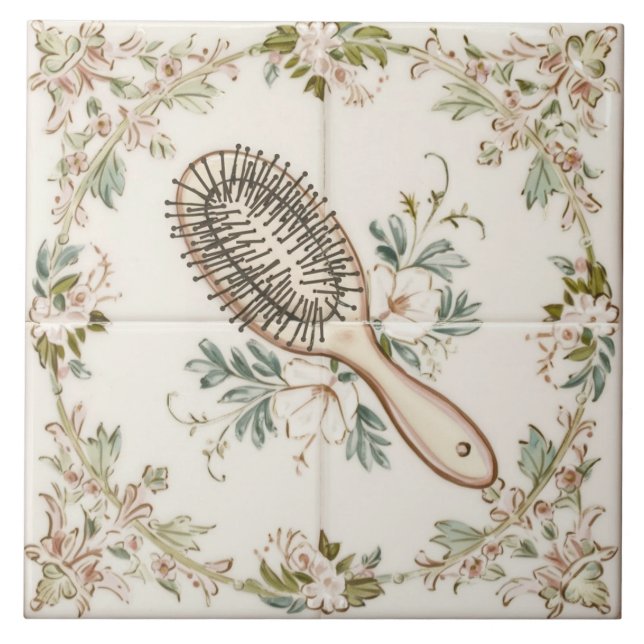 White Cream & Green Hair Brush Funny Bathroom Ceramic Tile (Front)