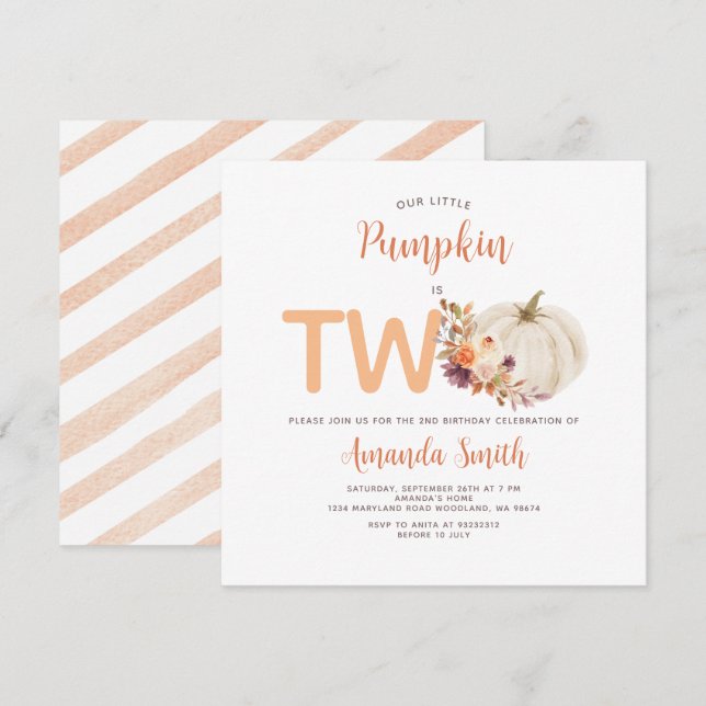 White Cream Orange Pumpkin Is Two Birthday Floral Invitation (Front/Back)