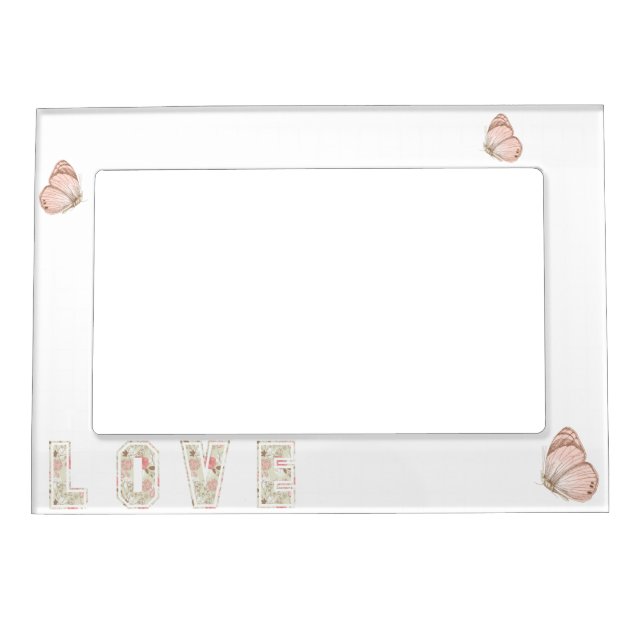 White Cream Pink Love Butterfly Floral Magnetic Frame (Front)