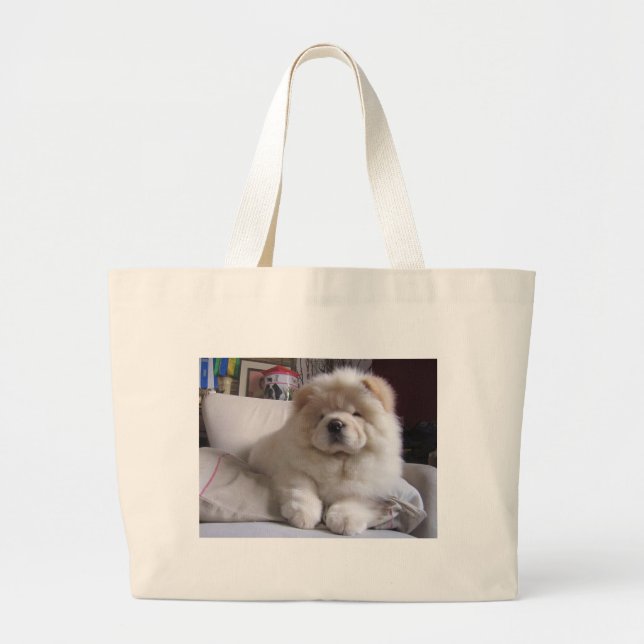 White Cream Puff Chow Chow Puppy Large Tote Bag (Front)