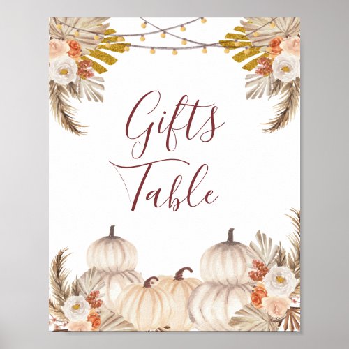 White Cream Pumpkin Floral Gifts Table Sign