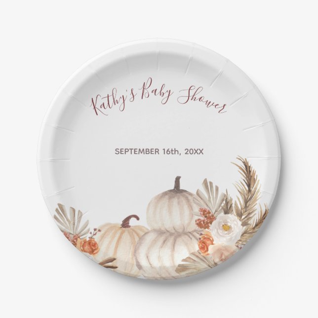 White Cream Pumpkin Rustic Floral Party Paper Plates (Front)