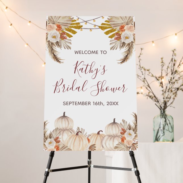 White Cream Pumpkin Rustic Floral Welcome Foam Board (In Situ (Stand))