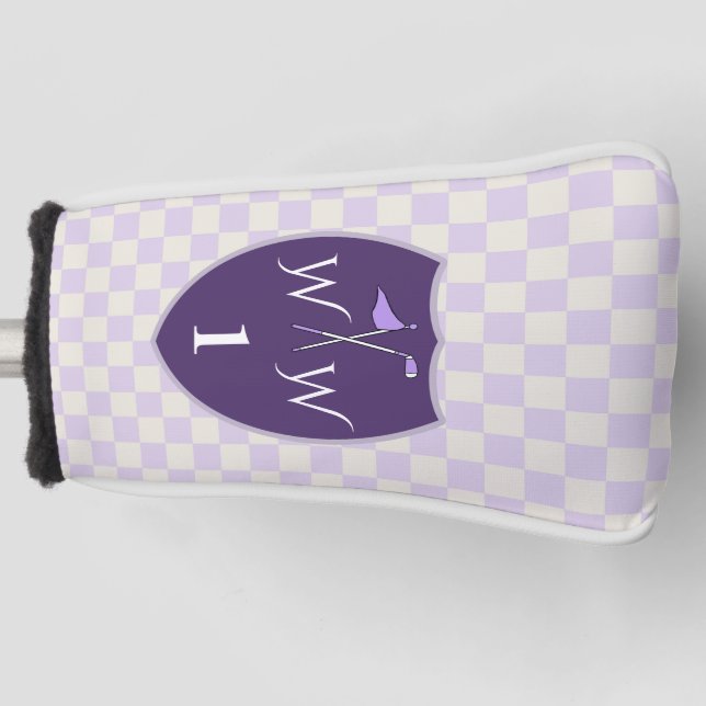 White Cream & Purple checkered & Monogram & Number Golf Head Cover (Front)