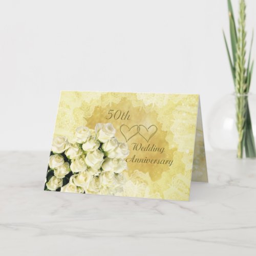White - cream roses 50th Wedding Anniversary Card