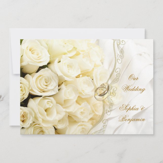White cream roses and rings Wedding Invitation (Front)
