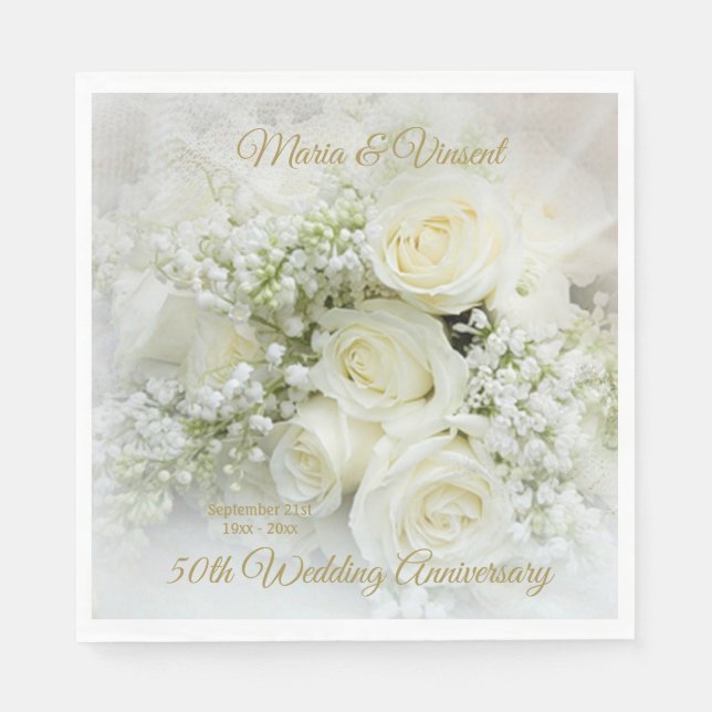 White cream roses, baby's breath flowers napkins (Front)