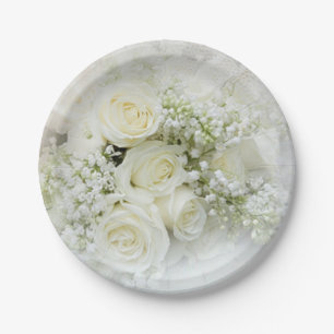 White cream roses, baby's breath flowers paper plates