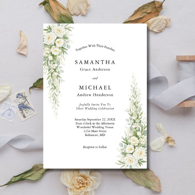  White Cream Roses Florals Wedding Modern Elegant Invitation (White Cream Watercolor Roses Greenery Modern Classic Wedding Invitation)