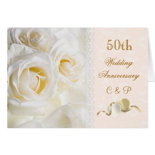 White cream roses, hearts 50th Wedding Anniversary Card | Zazzle