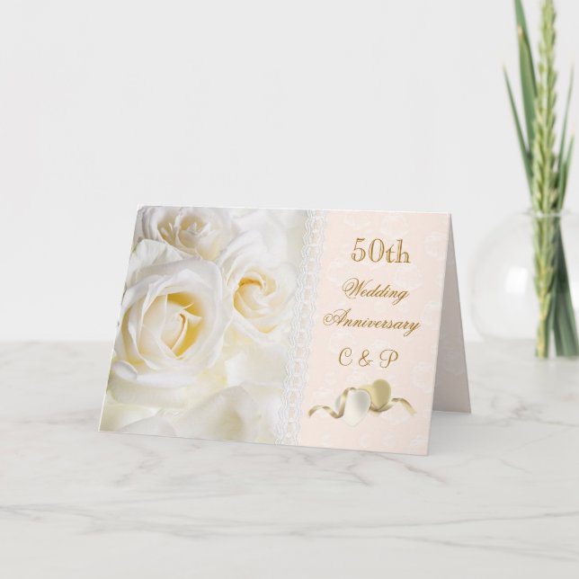 White cream roses, hearts 50th Wedding Anniversary Invitation (Front)
