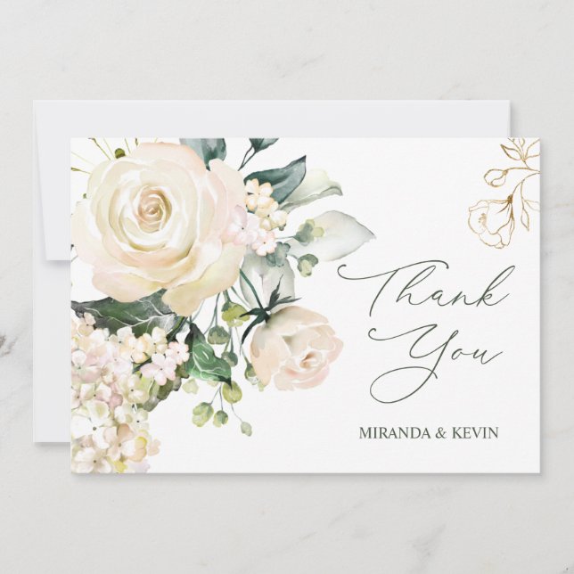 White Cream Roses Hydrangea Wedding Thank You (Front)