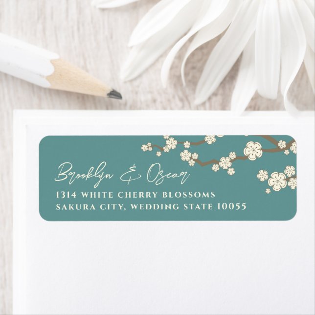 White Cream Sakura Cherry Blossoms Asian Wedding Label (Insitu)