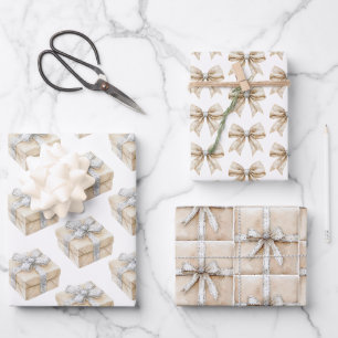 White Cream Silver Sparkle Bows Gifts Christmas Wrapping Paper Sheets