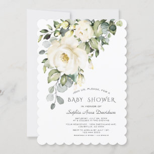 White Cream Watercolor Floral Girl Baby Shower Invitation