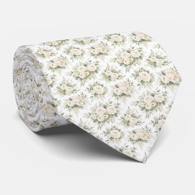 White Cream Watercolor Florals Wedding Groomsmen  Neck Tie (Rolled)