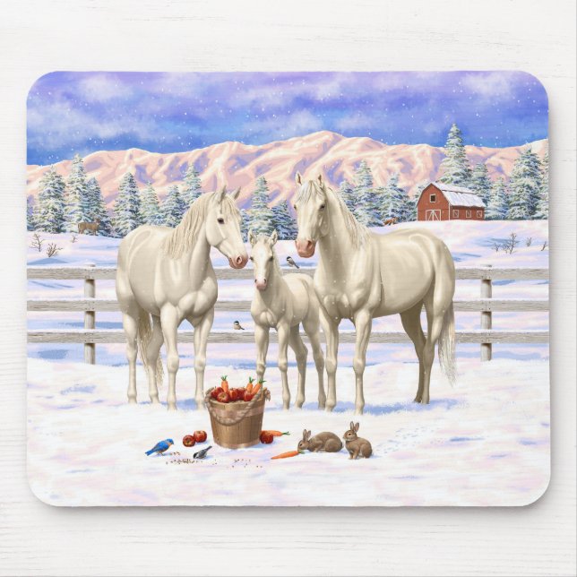White Cremello Quarter Horses In Snow Mouse Pad (Front)