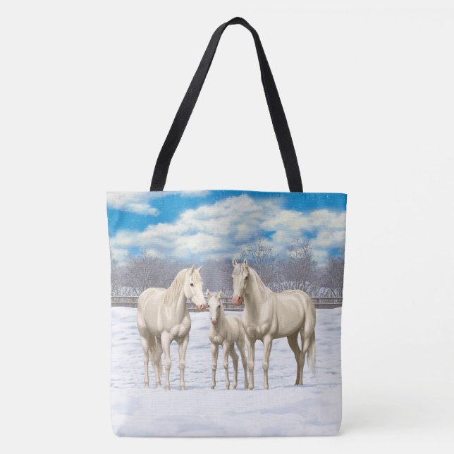 White Cremello Quarter Horses In Snow Tote Bag (Front)