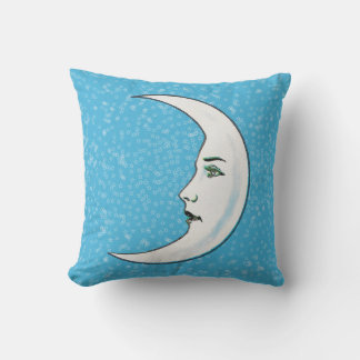 White Crescent Moon Face Black Lips Stars Blue Outdoor Pillow