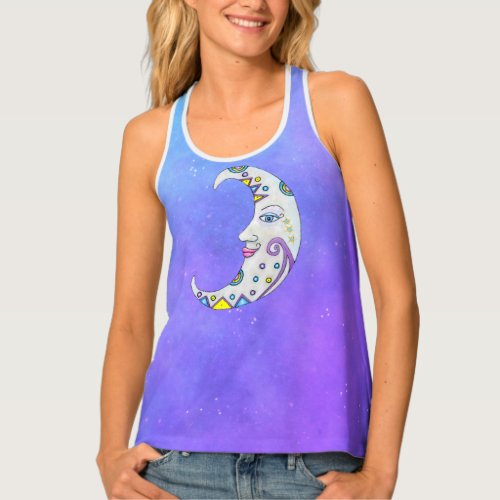 White Crescent Moon Face Colorful Geometric Shapes Tank Top
