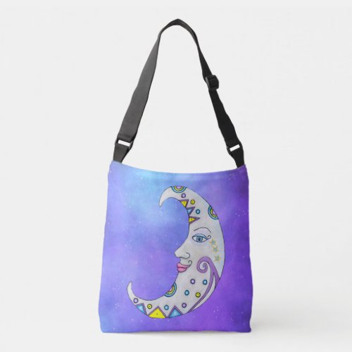 White Crescent Moon Fancy Colorful Markings in Sky Crossbody Bag
