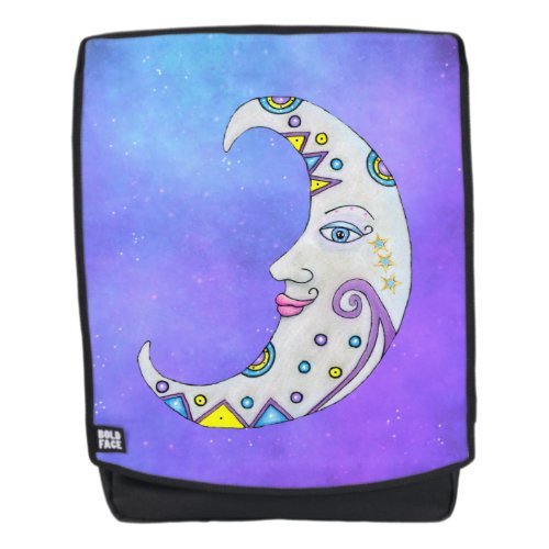  White Crescent Moon Pretty Face Scrolls Circles Backpack