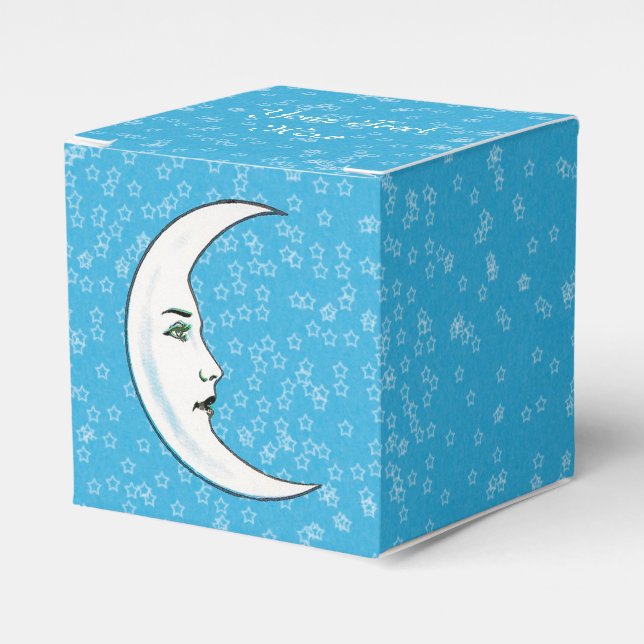 White Crescent Moon With Elegant Face white Stars Favor Boxes (Front Side)