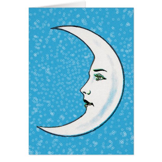 White Crescent Moon With Face Tiny Stars Aqua Blue Cards (Front)