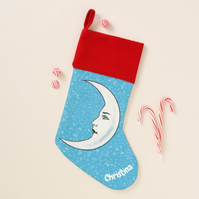White Crescent Moon With Face Tiny Stars Aqua Blue Christmas Stocking (Front)