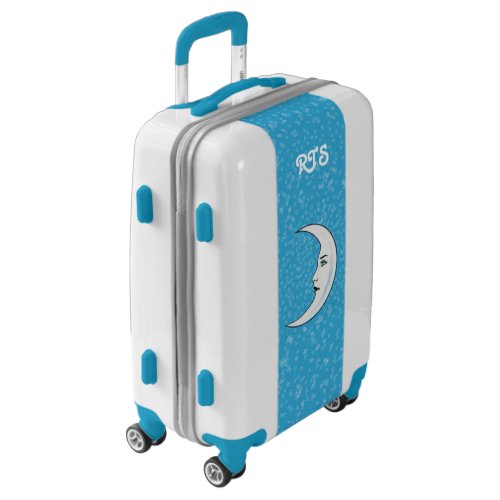 White Crescent Moon With Face Tiny Stars Aqua Blue Luggage
