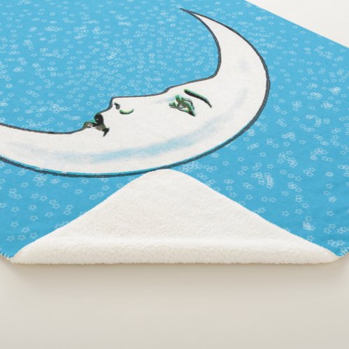 White Crescent Moon With Face Tiny Stars Blue Sherpa Blanket