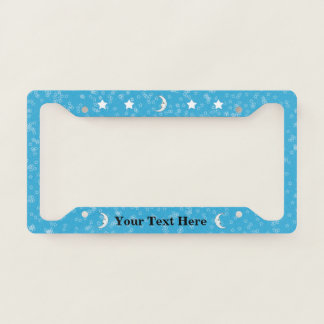 White Crescent Moon With Face White Stars on Blue License Plate Frame