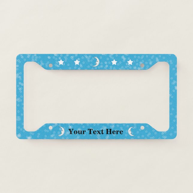 White Crescent Moon With Face White Stars on Blue License Plate Frame (Front)