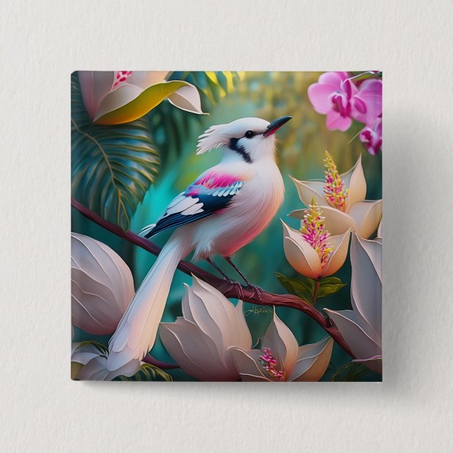 White Crested Blush Chested Fantasy Bird Button (Front)