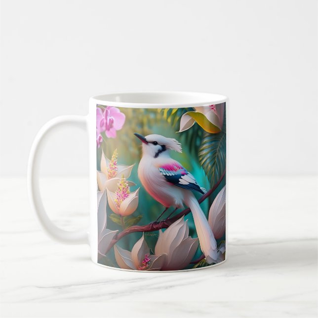 White Crested Blush Chested Fantasy Bird Coffee Mug (Left)