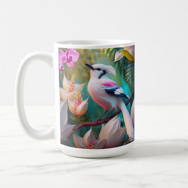 White Crested Blush Chested Fantasy Bird Coffee Mug (Left)