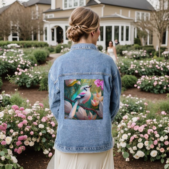 White Crested Blush Chested Fantasy Bird Denim Jacket (Wedding Back)