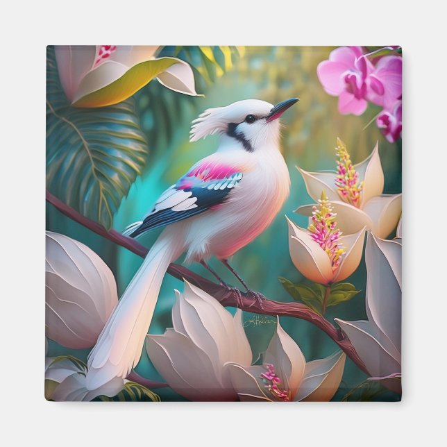 White Crested Blush Chested Fantasy Bird Magnet (Front)