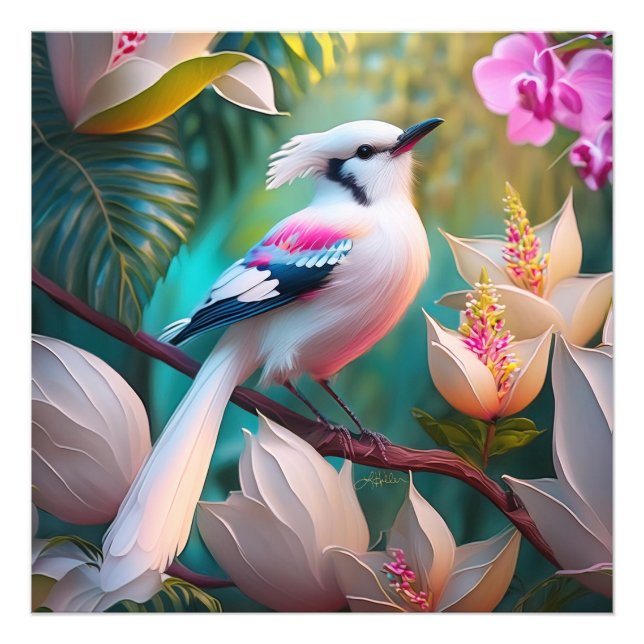 White Crested Blush Chested Fantasy Bird Photo Print (Front)