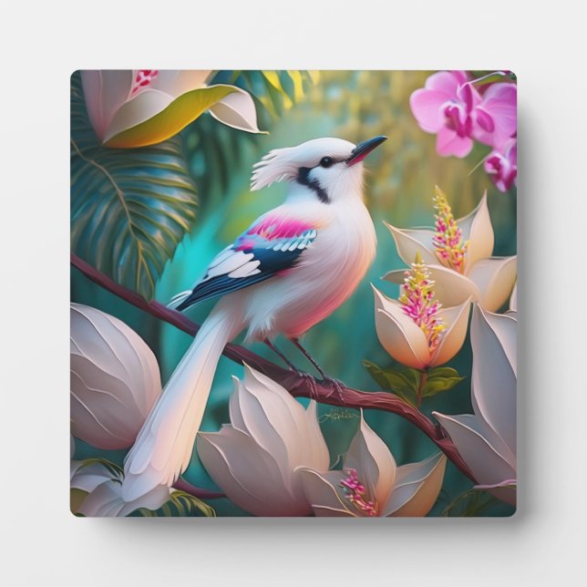 White Crested Blush Chested Fantasy Bird Plaque (Front)