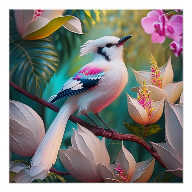 White Crested Blush Chested Fantasy Bird Poster (Front)