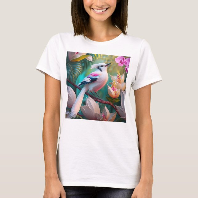 White Crested Blush Chested Fantasy Bird T-Shirt (Front)