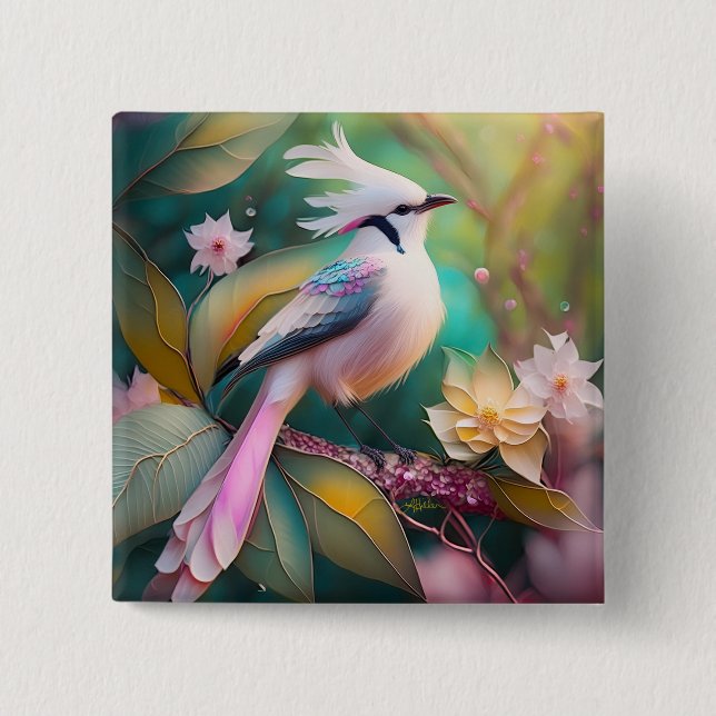 White Crested Blush Tail Jay Fantasy Bird Button (Front)